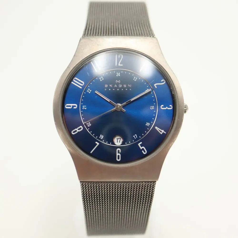 Skagen Titanium Mens Deep Blue 37mm Date Watch Slim Dress Mesh w New Battery